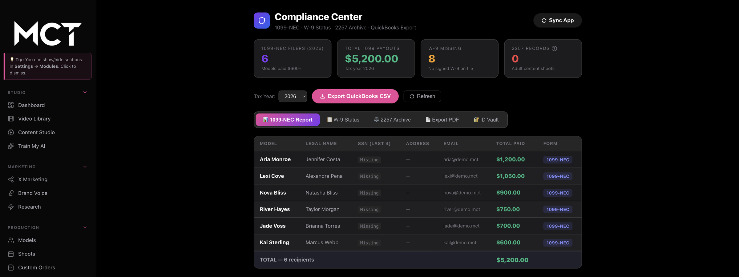 The My Content Tools Compliance Center: 1099-NEC recipients, W-9 status, 2257 archive and QuickBooks export, shown against a seeded demo database.