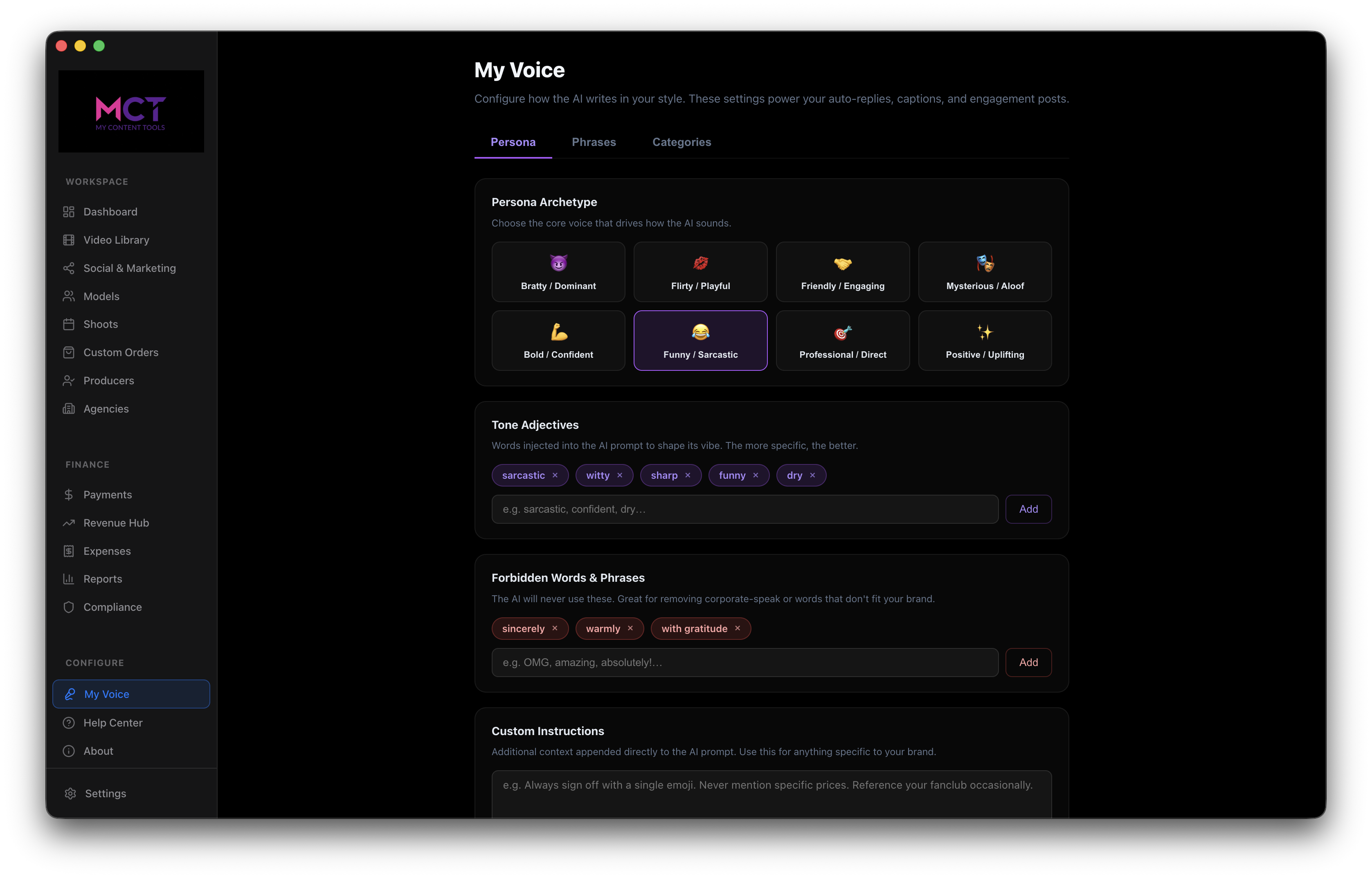 My Voice AI persona settings